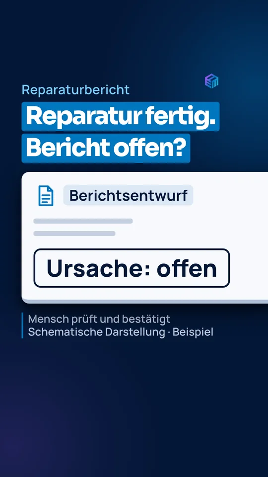 Reparaturbericht als Entwurf, Ursache offen. Mensch prüft und bestätigt. Schematische Darstellung, Beispiel